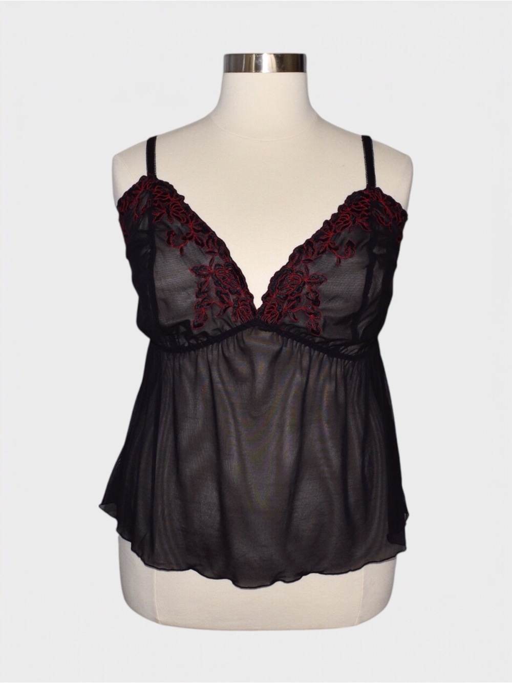 Cacique Sheer Mesh Embroidered Babydoll‎ Cami Lingerie Top